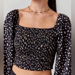 NWT Francesca’s Mi Ami Black Smocked Top with Cream Spot Pattern